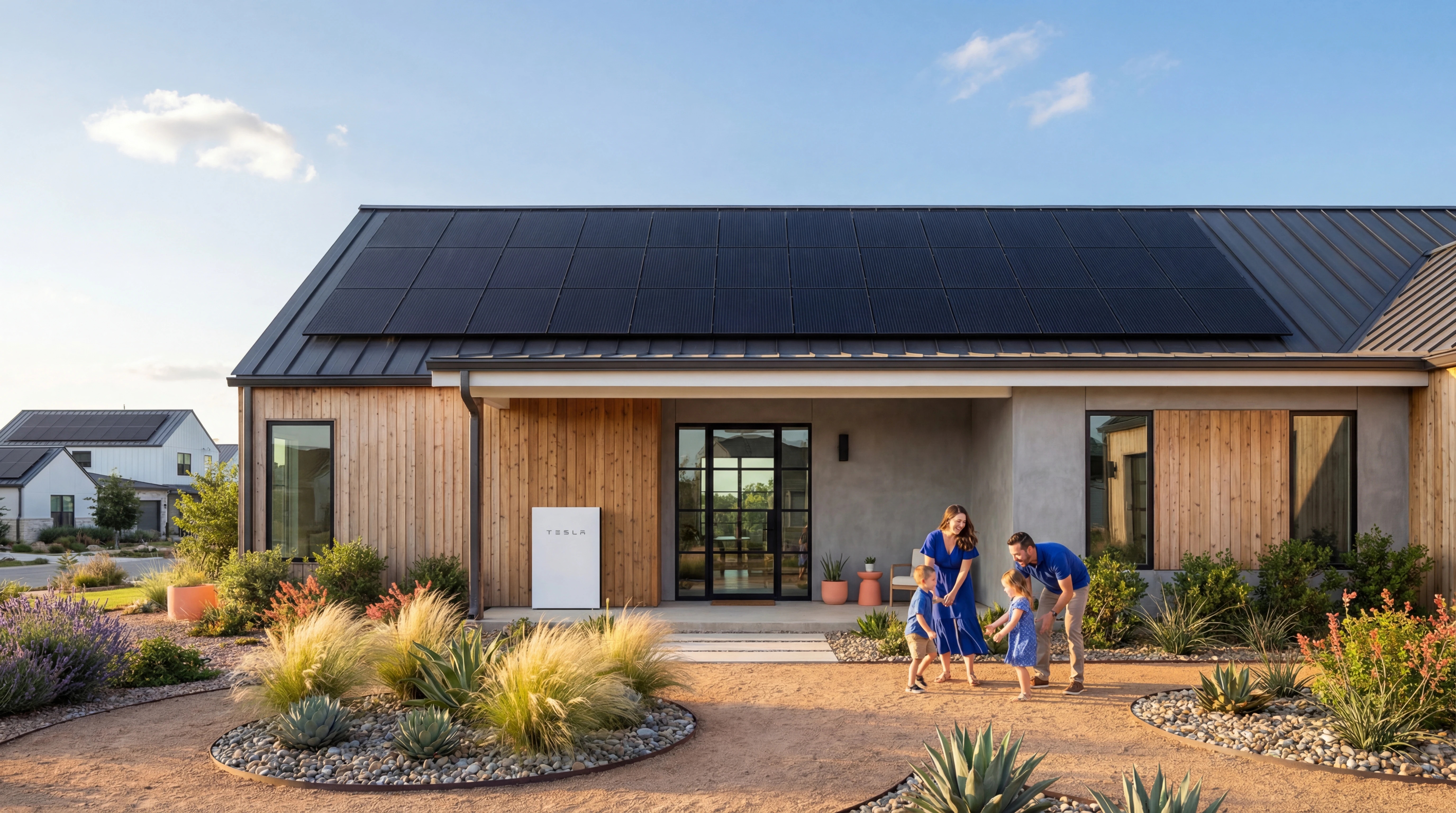 Modern Texas home with solar panels and Tesla Powerwall